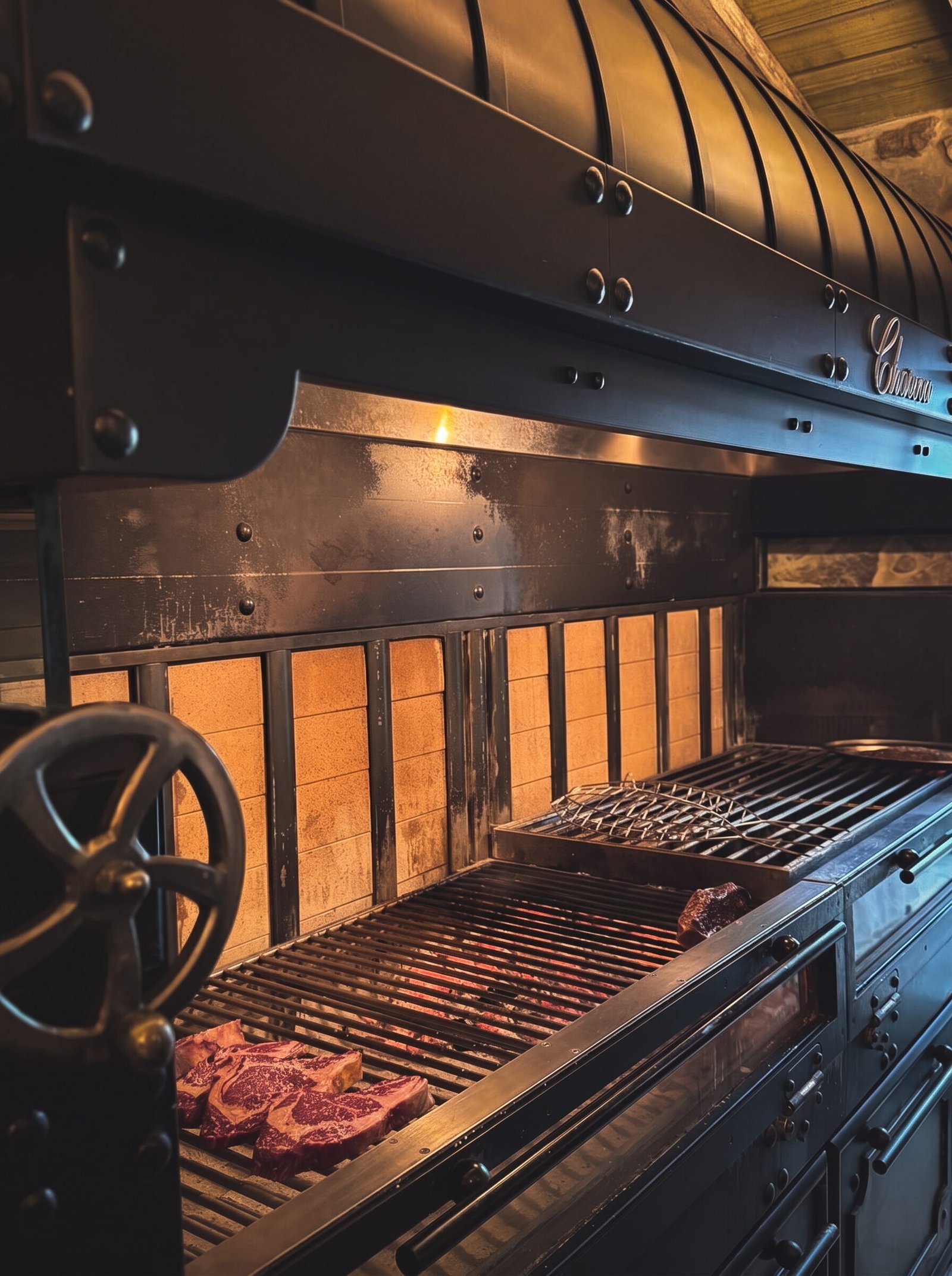 Chuletones asandose sobre las brasas de la parrilla de carbon