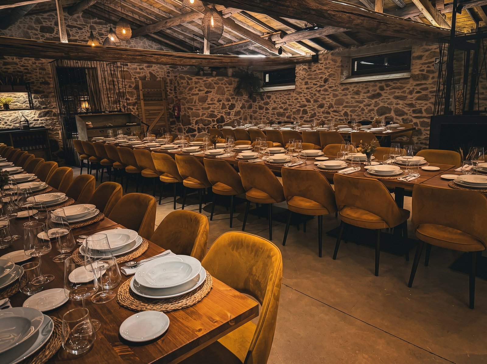 Salon de eventos con mesas largas montadas y sillas de terciopelo ambar
